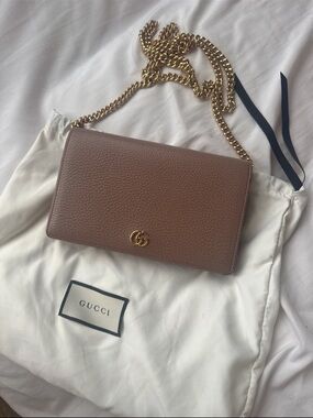 Gucci Taupe Brown Pebbled Leather Chain Wallet